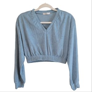 NEW ACTIVE USA Soft Blur Grey Cropped Long Sleeve Sweater w/ Elastic Waistband